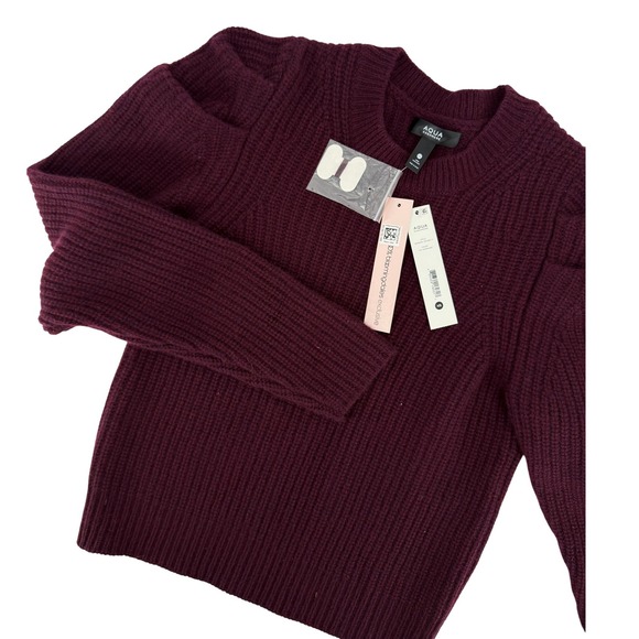 Aqua Cashmere Sweaters - Aqua 100% Cashmere Heather Burgundy Ribbed Knit Shaker Puff Shoulder Sweater XS